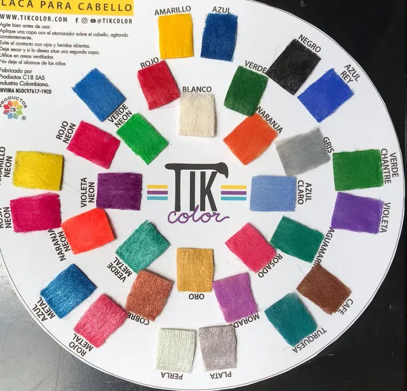 Carta de colores de las lacas para el cabello Tik Color, con colores neón y metalizados